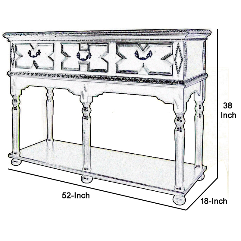 Benjara 3 Drawer Console Table with X Shaped Design and Bun Feet- Black