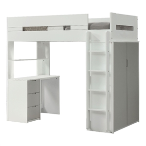 Benjara Wooden Twin Size Loft Bunk Bed with Workstation- White and Gray