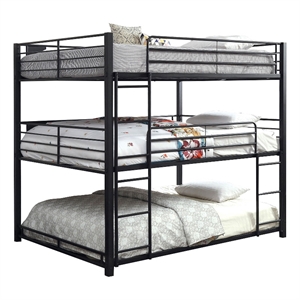 Benjara Industrial Style Queen Triple Decker Bunk Bed with Ladder- Black
