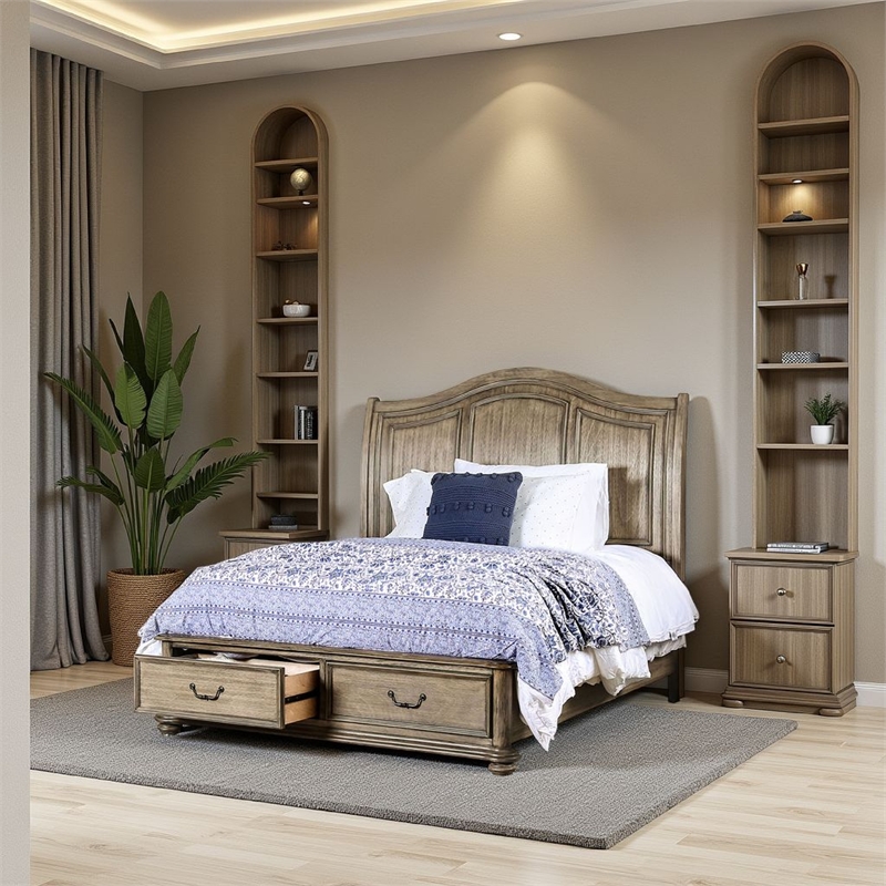 Benjara Queen Size Wooden Bed with 2 Drawers and Panel Headboard- Natural Brown