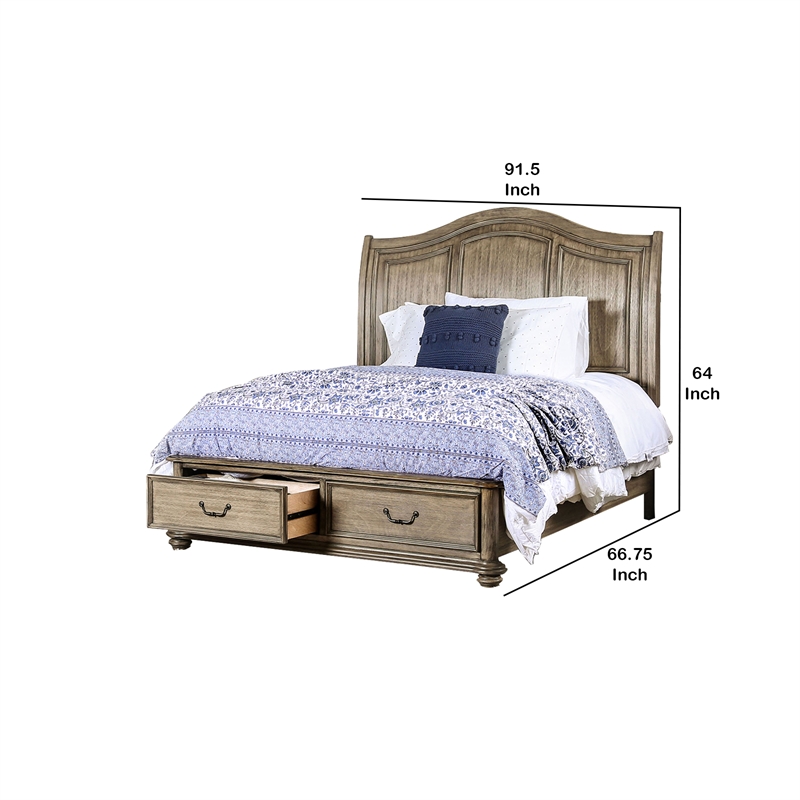 Benjara Queen Size Wooden Bed with 2 Drawers and Panel Headboard- Natural Brown