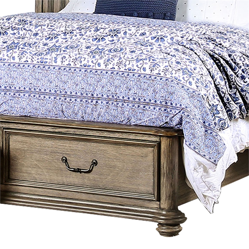 Benjara Queen Size Wooden Bed with 2 Drawers and Panel Headboard- Natural Brown