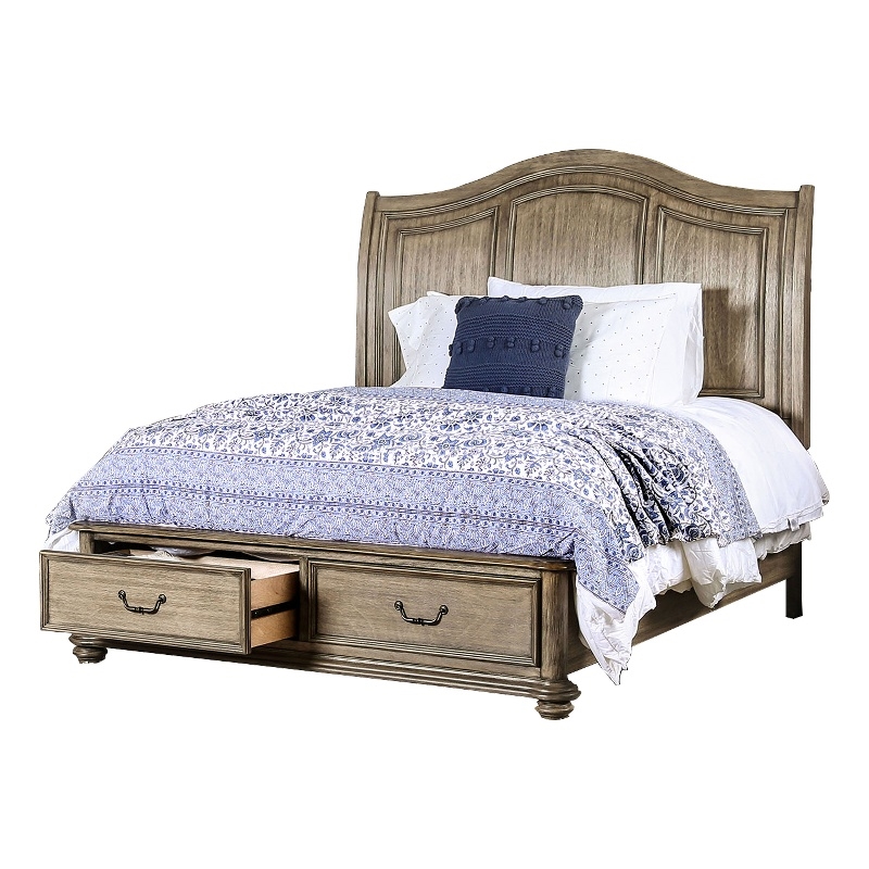 Benjara Queen Size Wooden Bed with 2 Drawers and Panel Headboard- Natural Brown