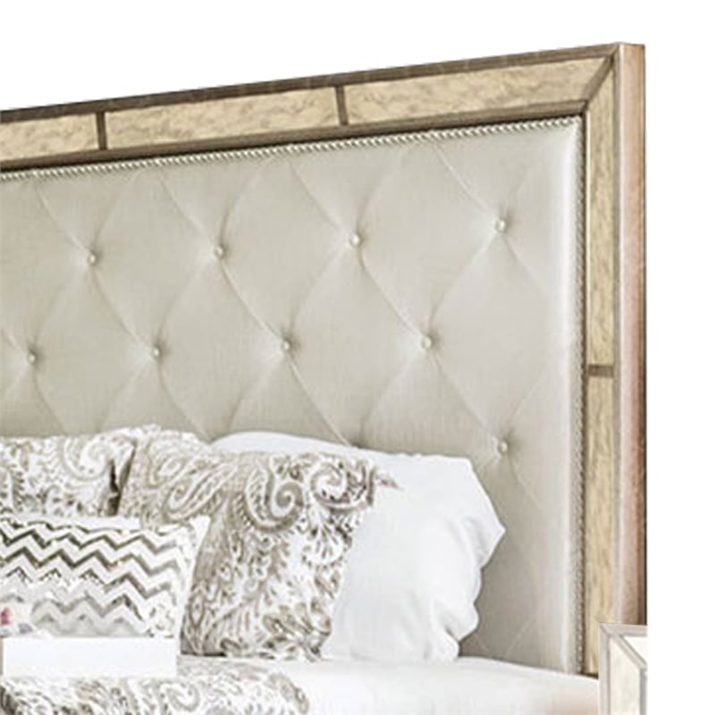 Benjara Leatherette Upholstered Wooden Queen Size Bed- Gold and Silver