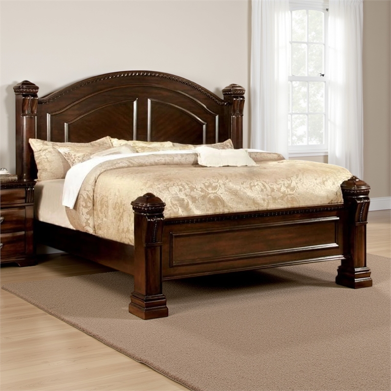Benjara Eastern King Bed with Paneled Details and Camelback Headboard- Brown