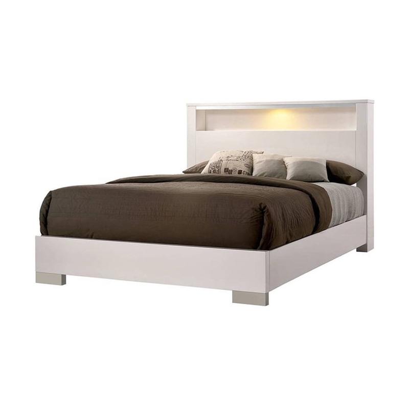 Benjara Queen Size Bed with Open shelf- White