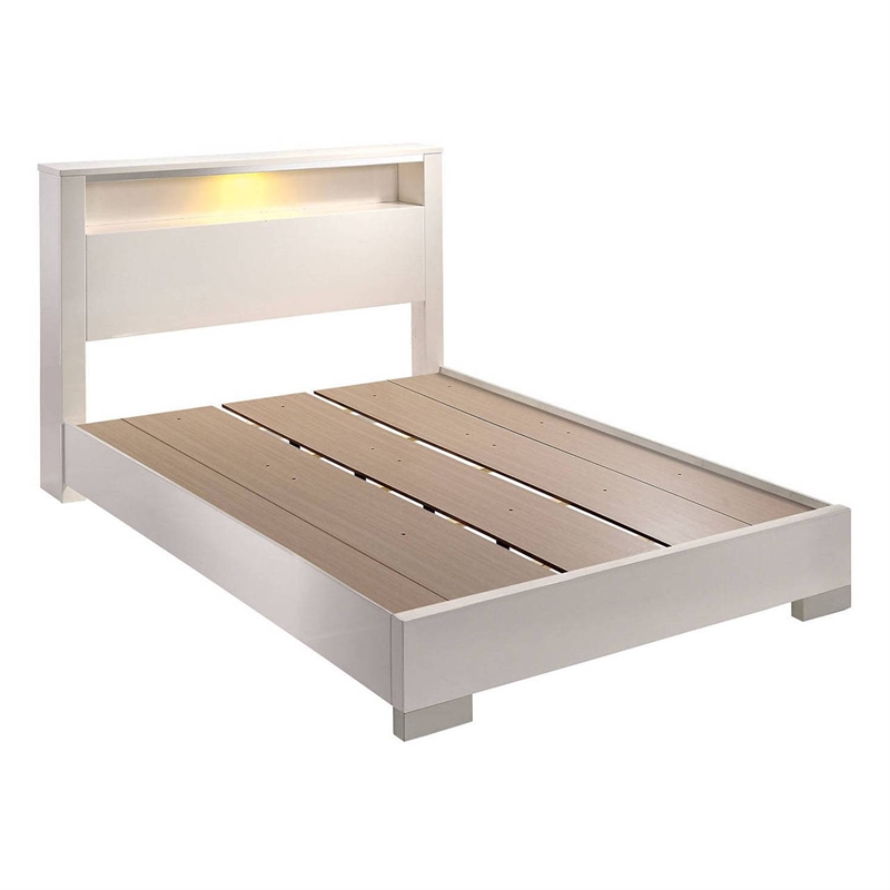 Benjara Queen Size Bed with Open shelf- White
