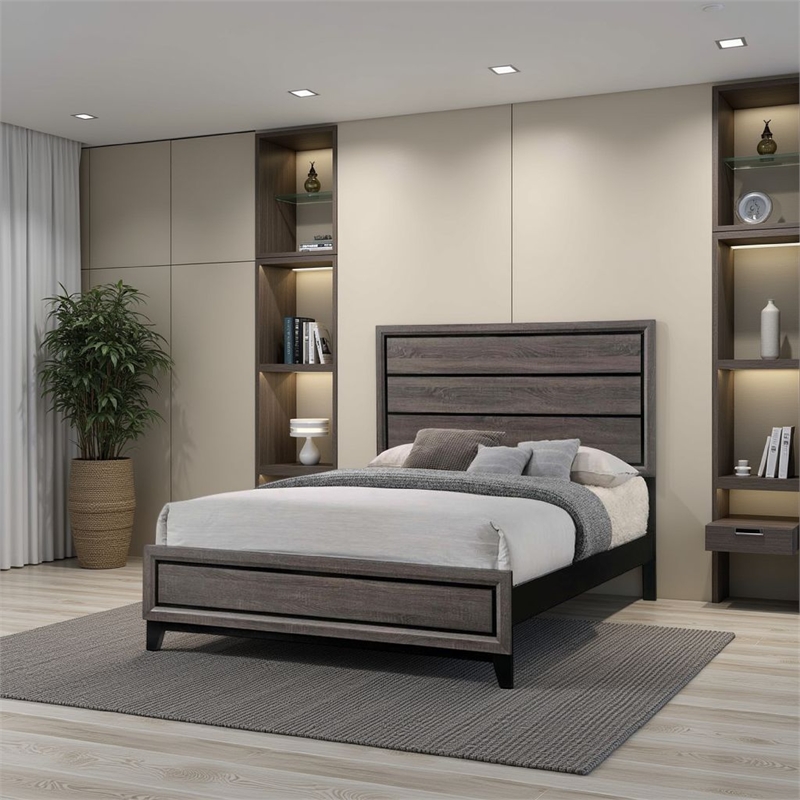 Benjara Transitional Wooden Eastern King Bed with Plank Headboard- Gray Oak