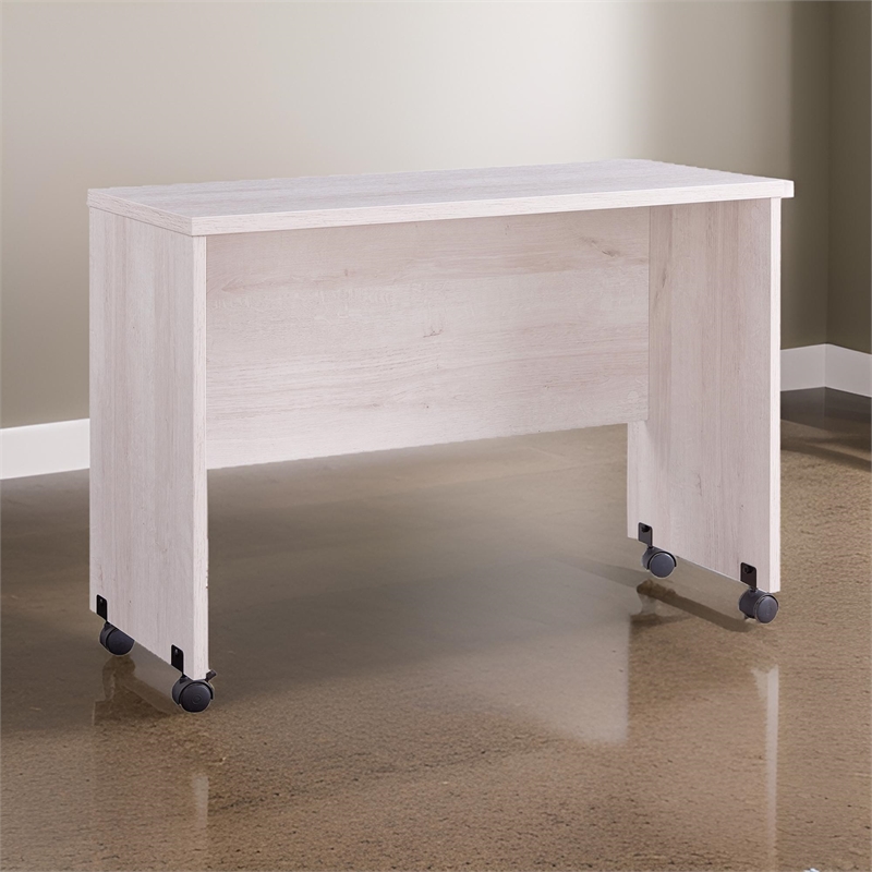 Benjara Rectangular Wooden Desk Return with Casters and Grain Details- White Oak