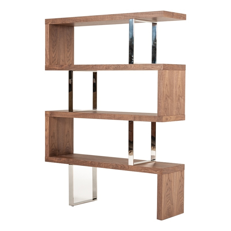Benjara Zig Zag Wooden Frame Shelf Unit with Metal Braces Support-Brown & Silver