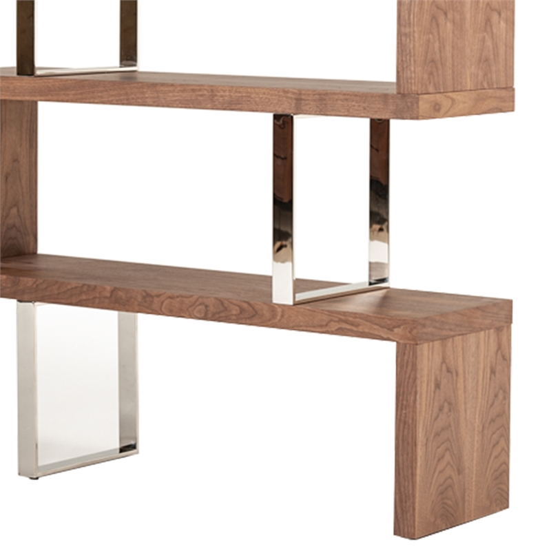 Benjara Zig Zag Wooden Frame Shelf Unit with Metal Braces Support-Brown & Silver