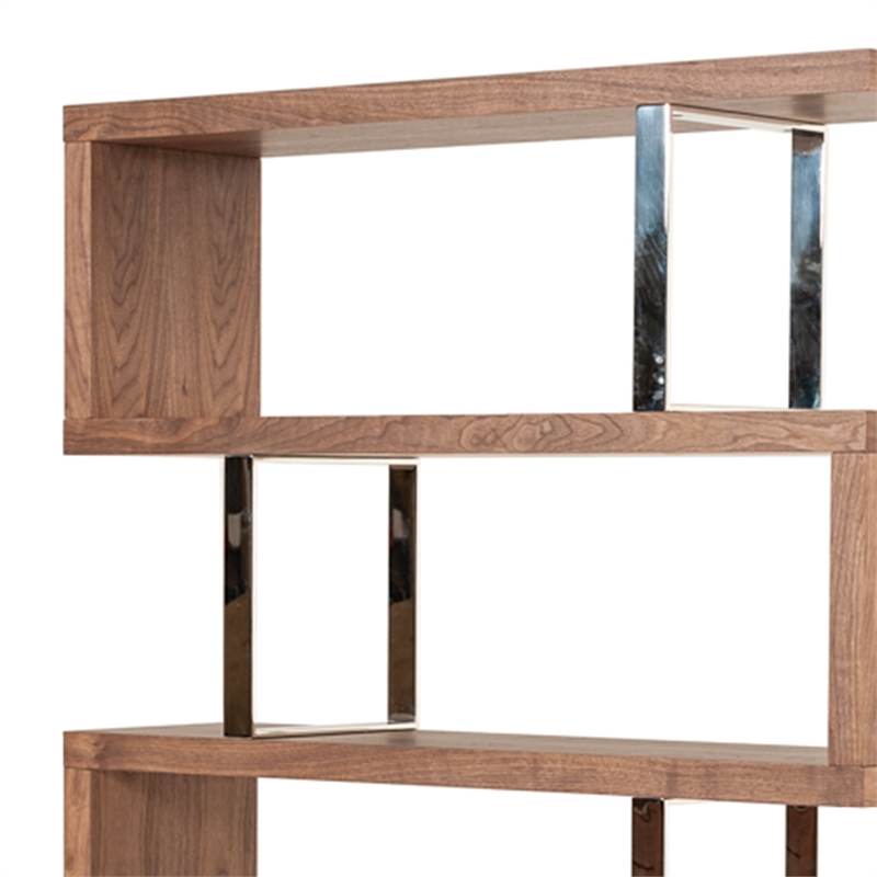 Benjara Zig Zag Wooden Frame Shelf Unit with Metal Braces Support-Brown & Silver