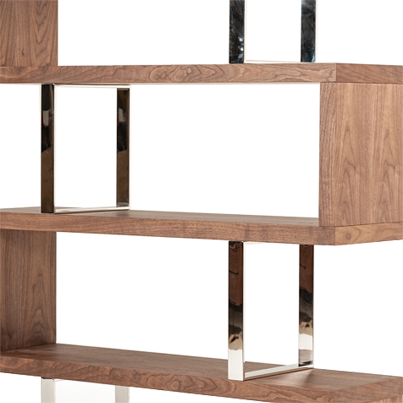 Benjara Zig Zag Wooden Frame Shelf Unit with Metal Braces Support-Brown & Silver
