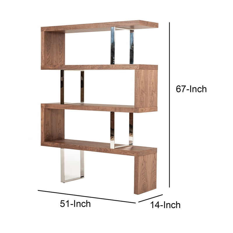 Benjara Zig Zag Wooden Frame Shelf Unit with Metal Braces Support-Brown & Silver