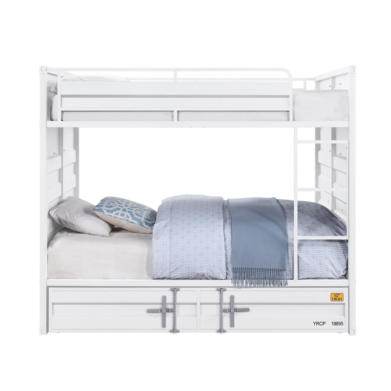 Benjara Industrial Style Full Size Bunk Bed with Recessed Panel Design- White