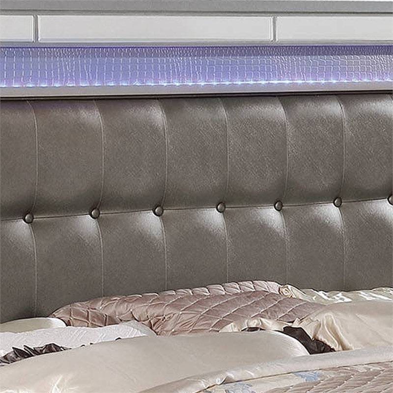 Benjara Contemporary Button Tufted Eastern King Bed with Ornate Bun Feet-Silver