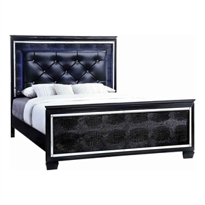 Benjara Textured California King Size Bed with Silver Trim Accents- Black
