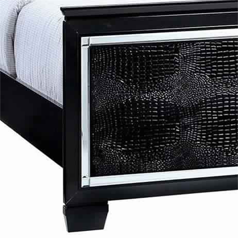 Benjara Textured Eastern King Size Bed with Silver Trim Accents- Black
