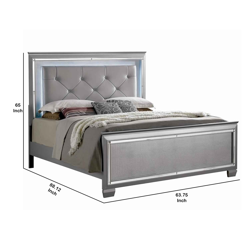 Benjara Textured Queen King Size Bed with Silver Trim Accents- Beige