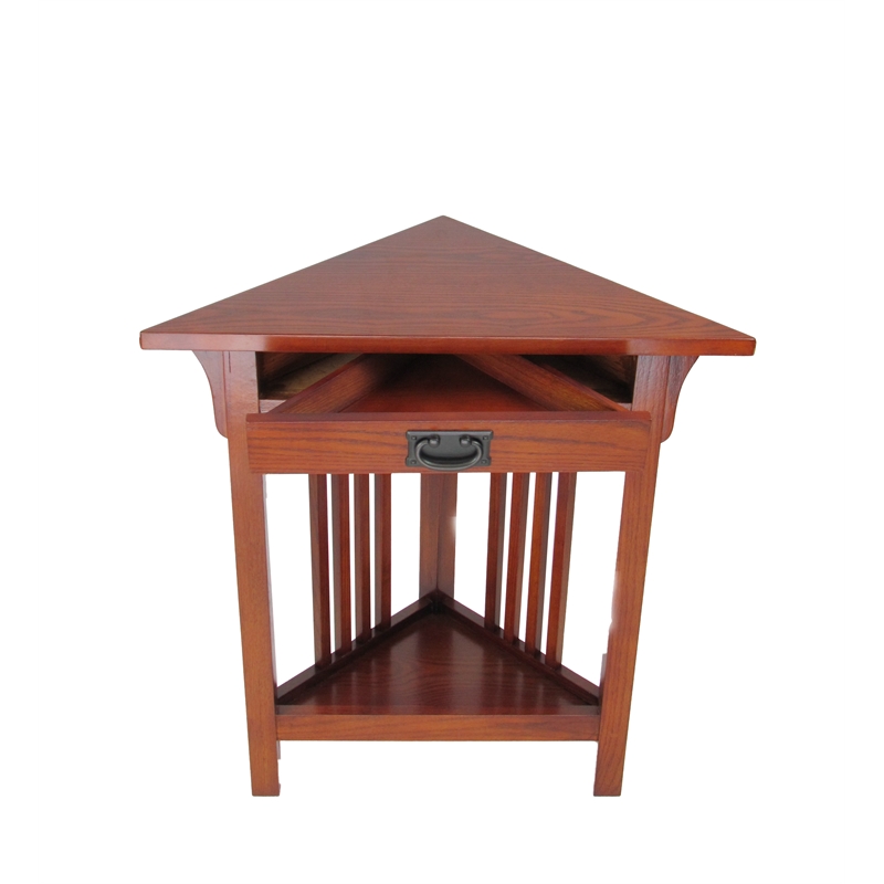 Benjara Mission Style Wooden Corner Table with 1 Drawer and Bottom Shelf- Brown
