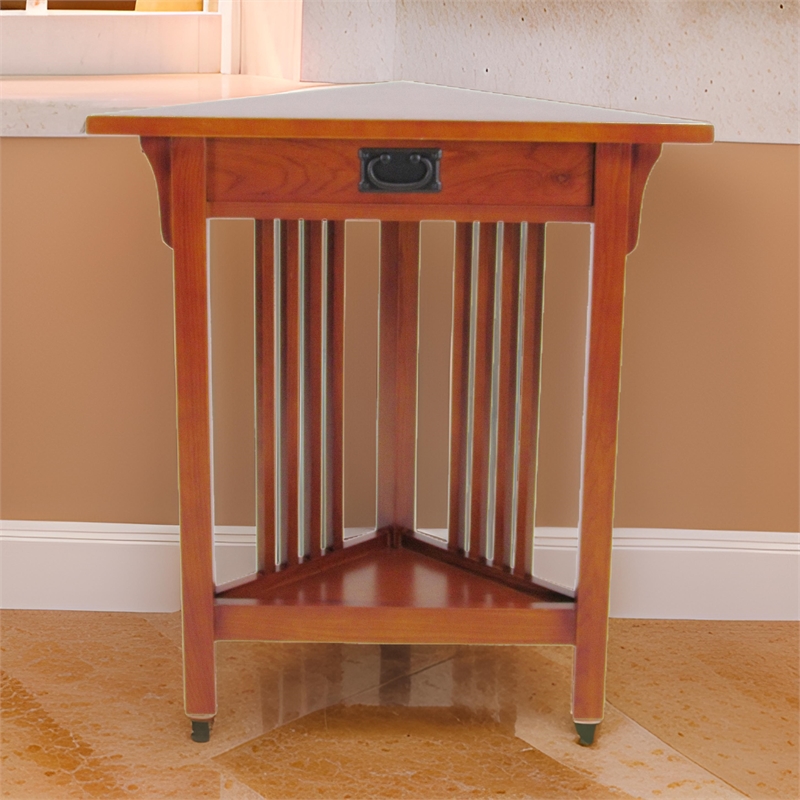 Benjara Mission Style Wooden Corner Table with 1 Drawer and Bottom Shelf- Brown