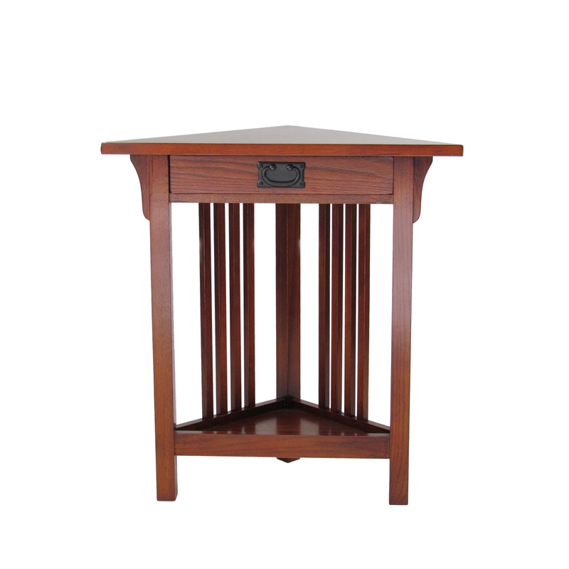 Benjara Mission Style Wooden Corner Table with 1 Drawer and Bottom Shelf- Brown