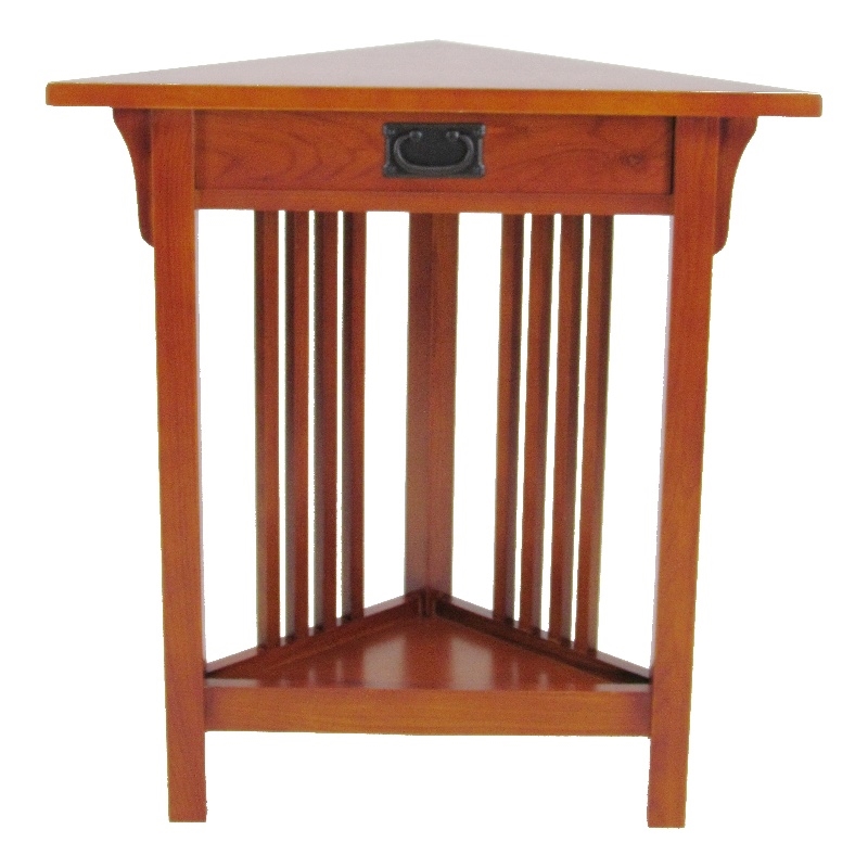 Benjara Mission Style Wooden Corner Table with 1 Drawer and Bottom Shelf- Brown
