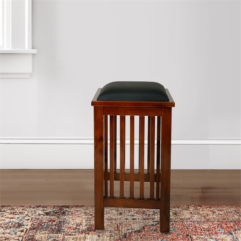 Benjara Faux Leather Upholstered Wooden Backless Barstool- Dark Brown