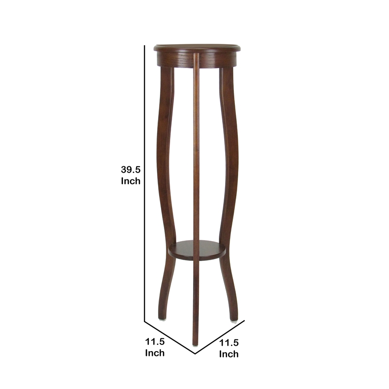 Benjara Round Pedestal Stand with Open Bottom Shelf and Flared Legs- Brown