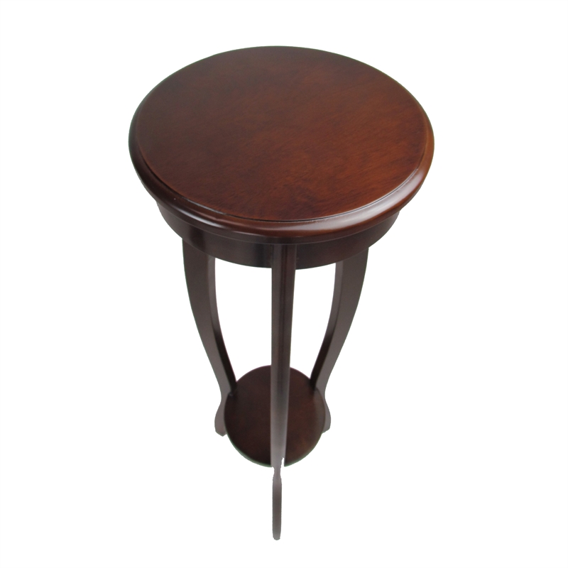 Benjara Round Pedestal Stand with Open Bottom Shelf and Flared Legs- Brown