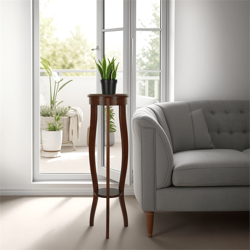 Benjara Round Pedestal Stand with Open Bottom Shelf and Flared Legs- Brown