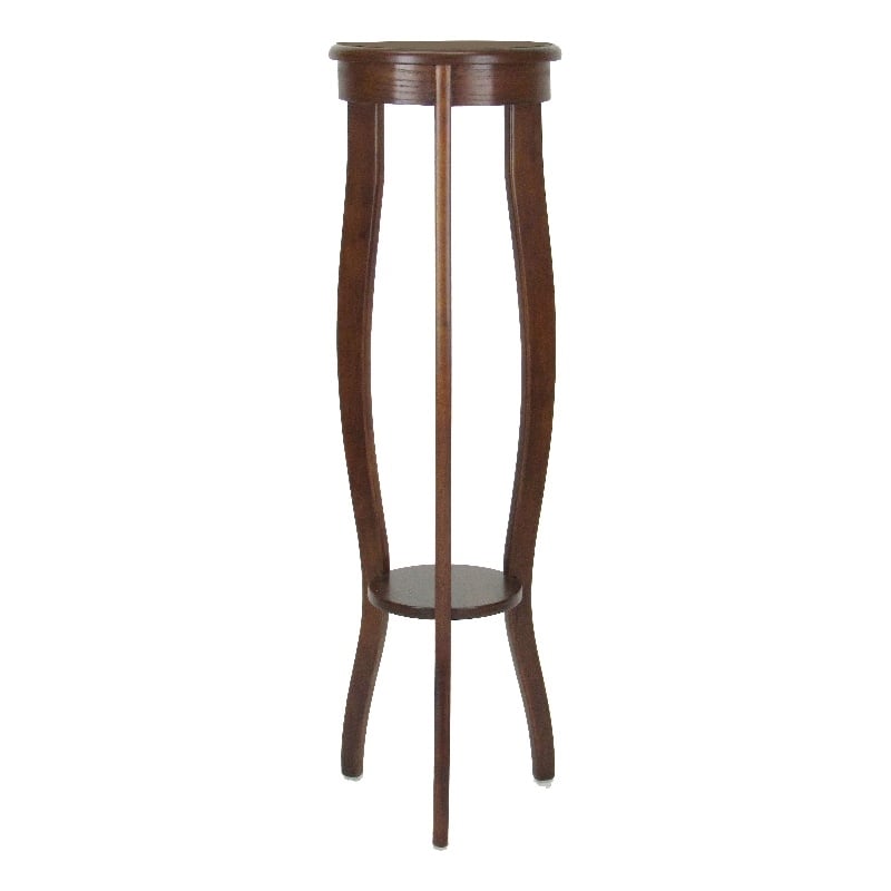 Benjara Round Pedestal Stand with Open Bottom Shelf and Flared Legs- Brown