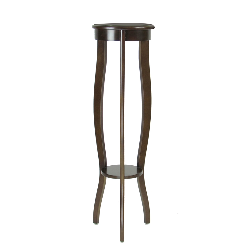 Benjara Round Pedestal Stand with Open Bottom Shelf and Flared Legs- Brown