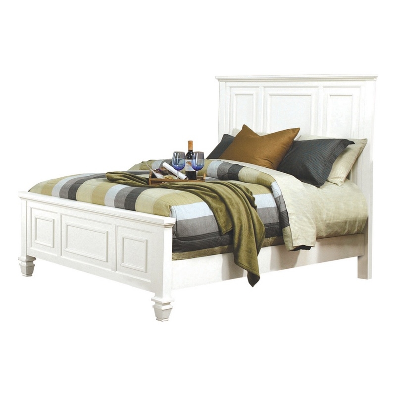 Benjara Panel Design High Headboard Queen Size Bed with Molded Details- White