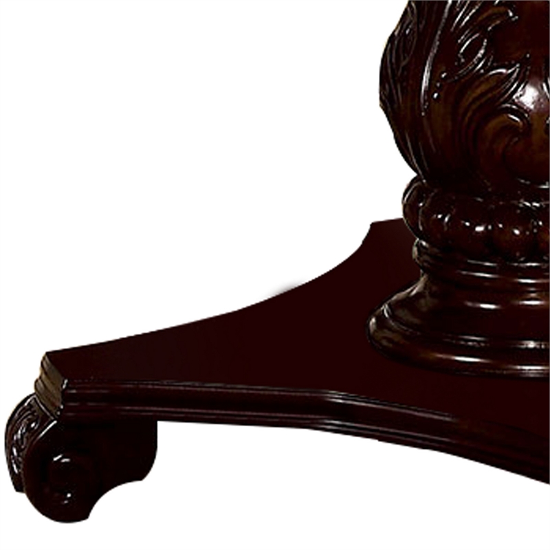 Benjara Traditional Round Dining Table with Carved Pedestal Base- Cherry Brown