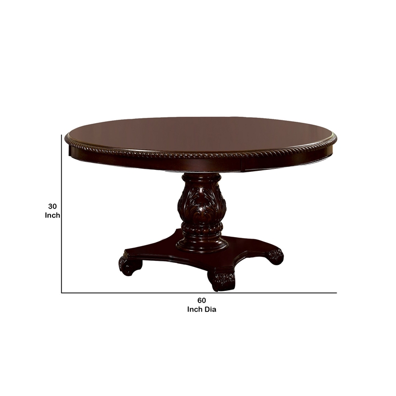 Benjara Traditional Round Dining Table with Carved Pedestal Base- Cherry Brown