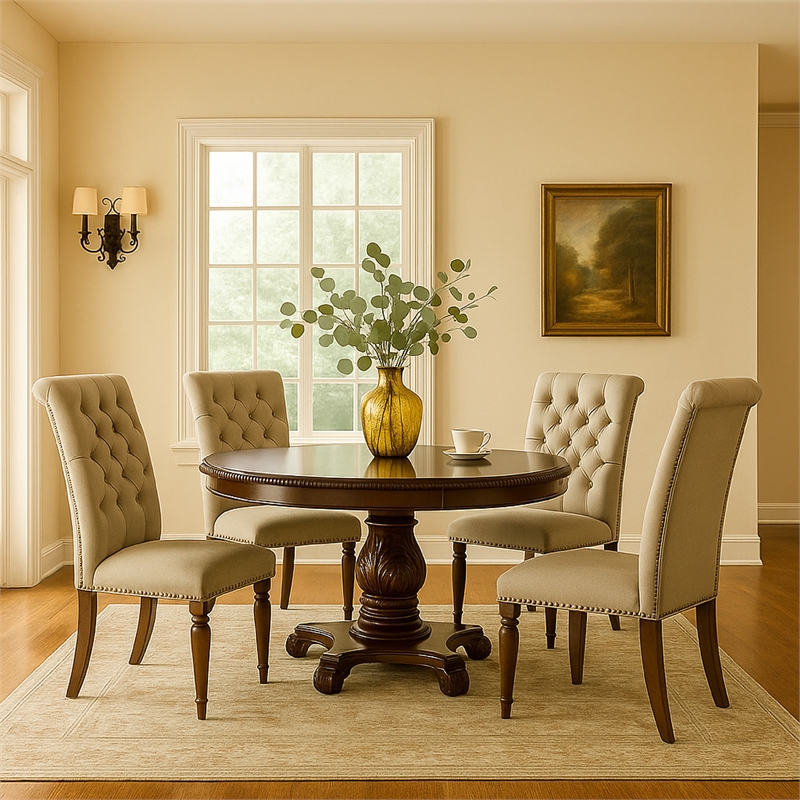 Benjara Traditional Round Dining Table with Carved Pedestal Base- Cherry Brown