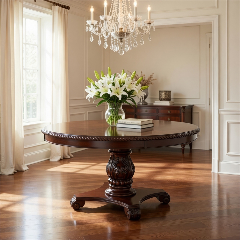 Benjara Traditional Round Dining Table with Carved Pedestal Base- Cherry Brown