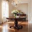 Benjara Traditional Round Dining Table with Carved Pedestal Base- Cherry Brown