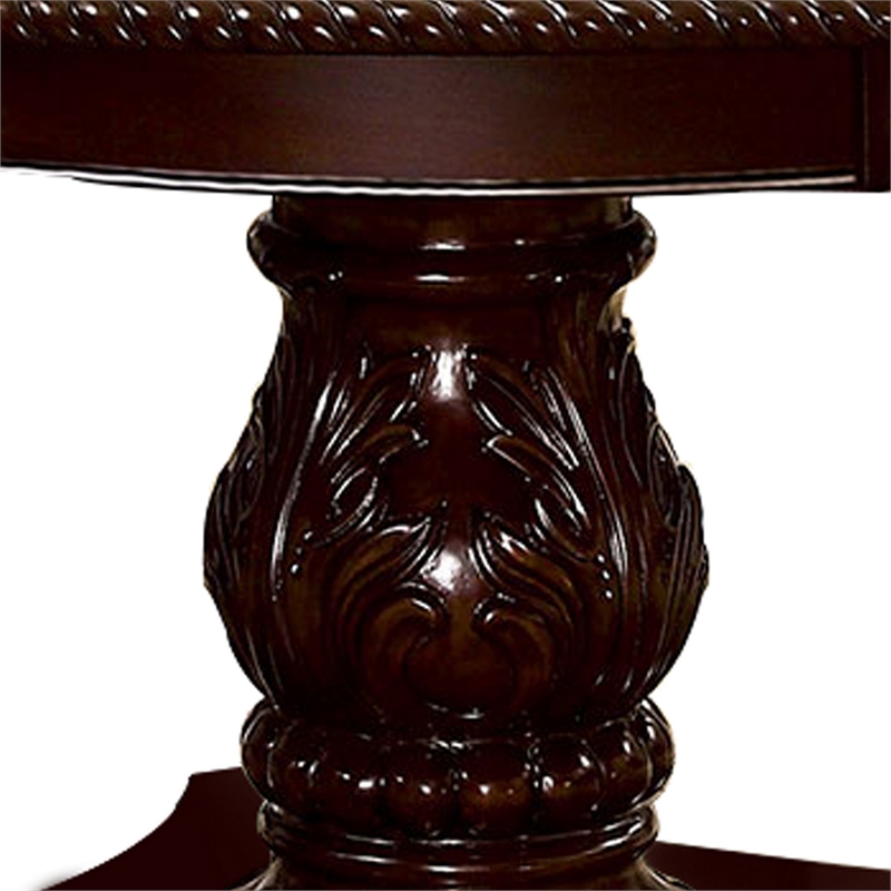 Benjara Traditional Round Dining Table with Carved Pedestal Base- Cherry Brown