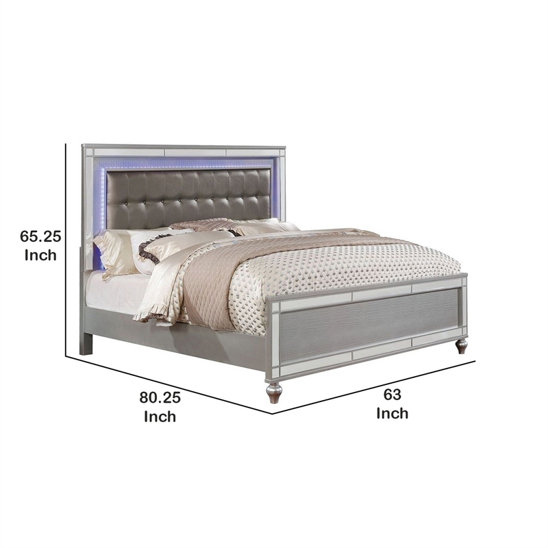 Benjara Contemporary Wooden Queen Size Bed with Ornate Bun Feet- Silver