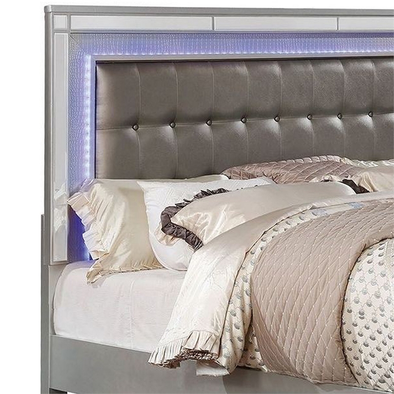 Benjara Contemporary Wooden Queen Size Bed with Ornate Bun Feet- Silver