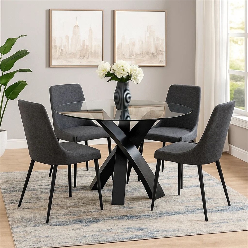 Benjara Round Glass Top Dining Table with Criss Cross Tripod Base- Black