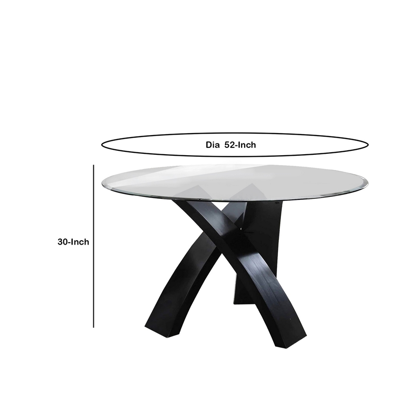 Benjara Round Glass Top Dining Table with Criss Cross Tripod Base- Black