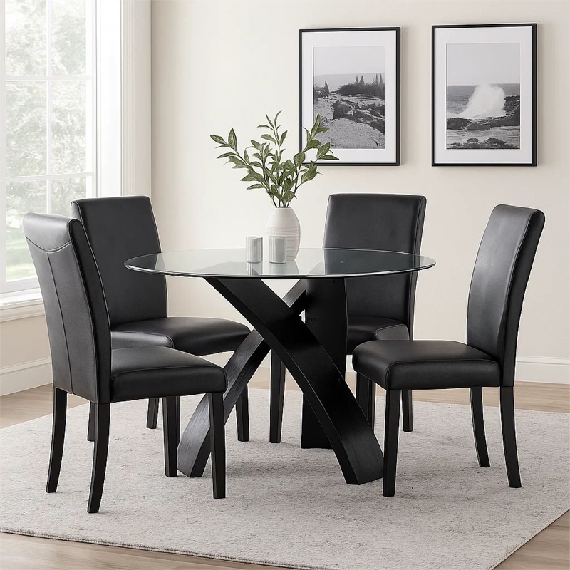Benjara Round Glass Top Dining Table with Criss Cross Tripod Base- Black