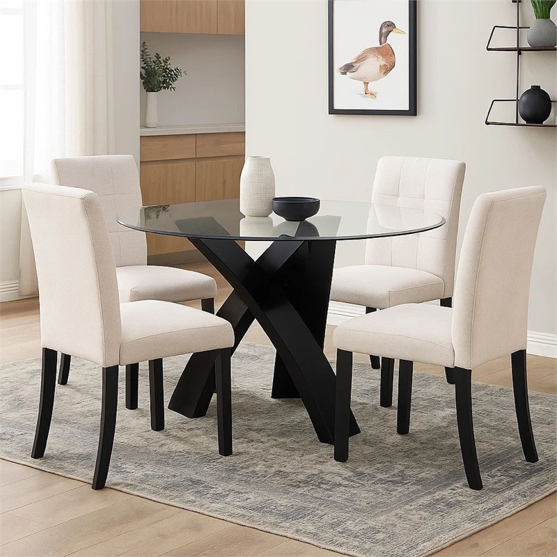 Benjara Round Glass Top Dining Table with Criss Cross Tripod Base- Black