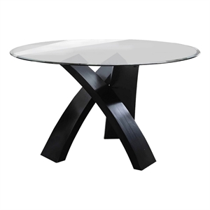 Benjara Round Glass Top Dining Table with Criss Cross Tripod Base- Black