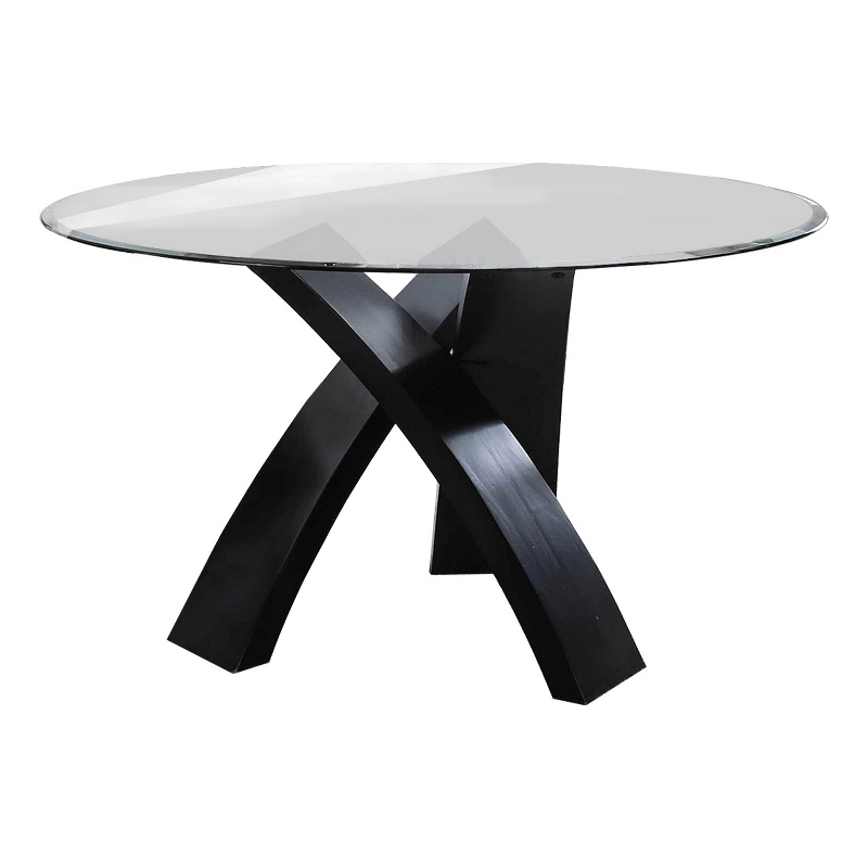 Benjara Round Glass Top Dining Table with Criss Cross Tripod Base- Black