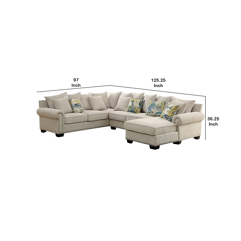 Benjara Nailhead Trim Fabric Upholstered Sectional Sofa w/ Rolled Armrests-Beige