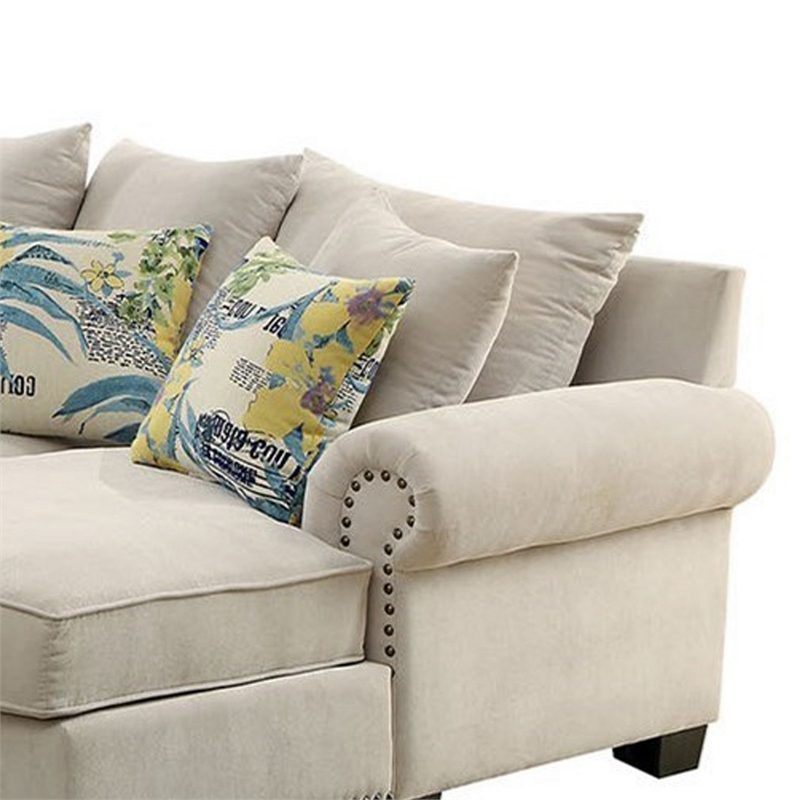 Benjara Nailhead Trim Fabric Upholstered Sectional Sofa w/ Rolled Armrests-Beige